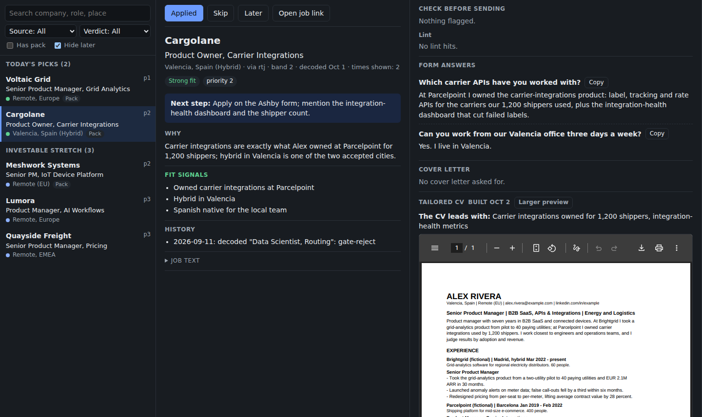 The CometScout Today screen: the day's picks on the left, the fit verdict with reasons in the middle, the application pack with checks, form answers and the tailored CV on the right